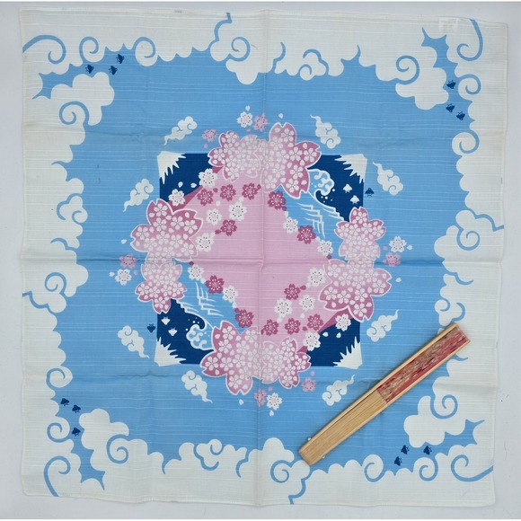 VTG Cherry Blossom Pink & White Folding Fan +Japanese Mt. Fuji Matching Fabric - Picture 3 of 12